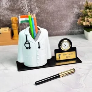 Doctor Coat Pen Stand with Clock and Name Engraving – Bhagya Printing Ramnagar