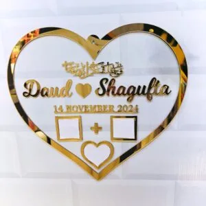 Heart Shape Golden Acrylic Couple Name Plate – Customized Golden Acrylic Name Plate for Couples – Personalized Heart Shape Gift