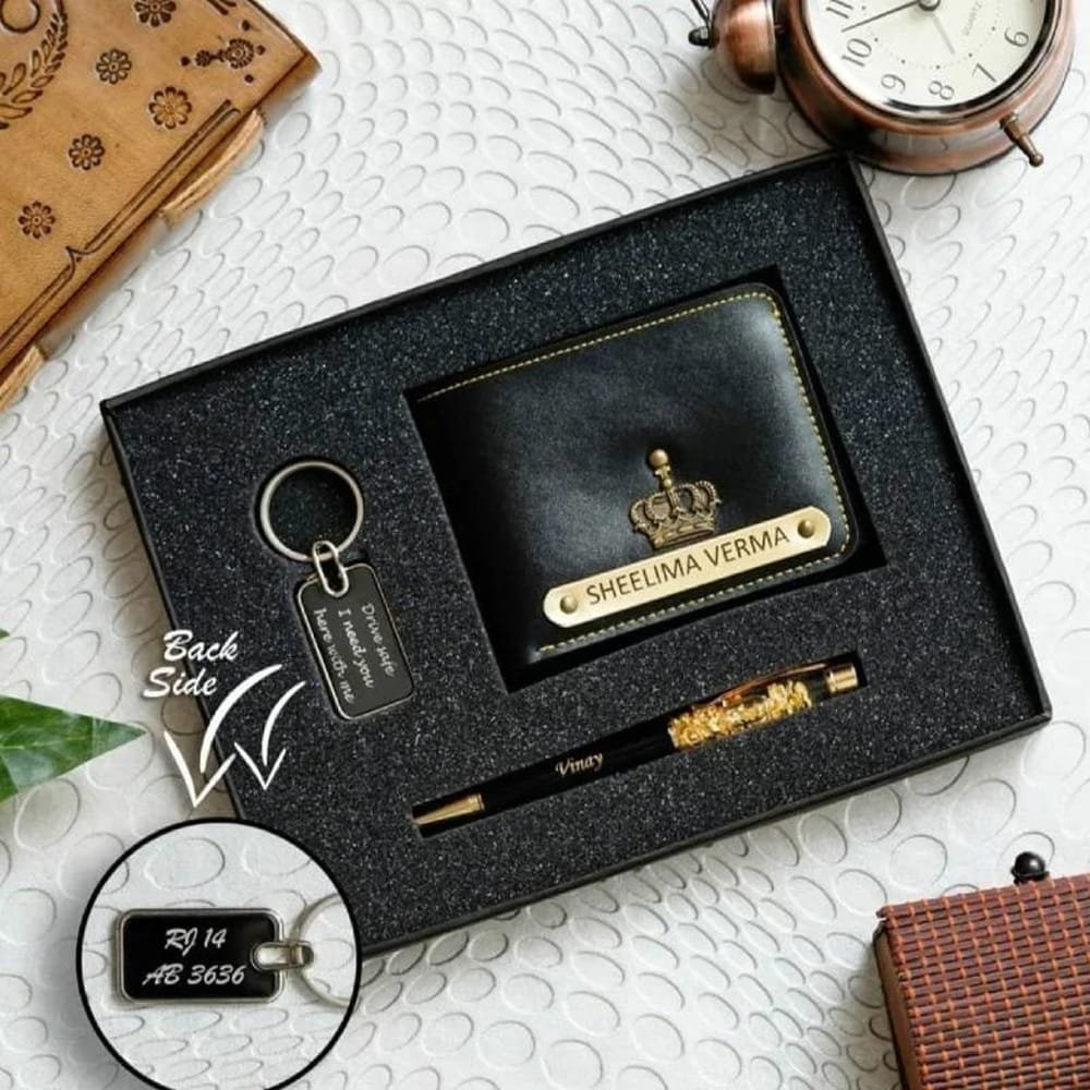 Premium Faux Leather Men’s Wallet + Metal Keychain + Gold Zari Pen Gift Set | Personalized Combo Gift for Men - Image 2