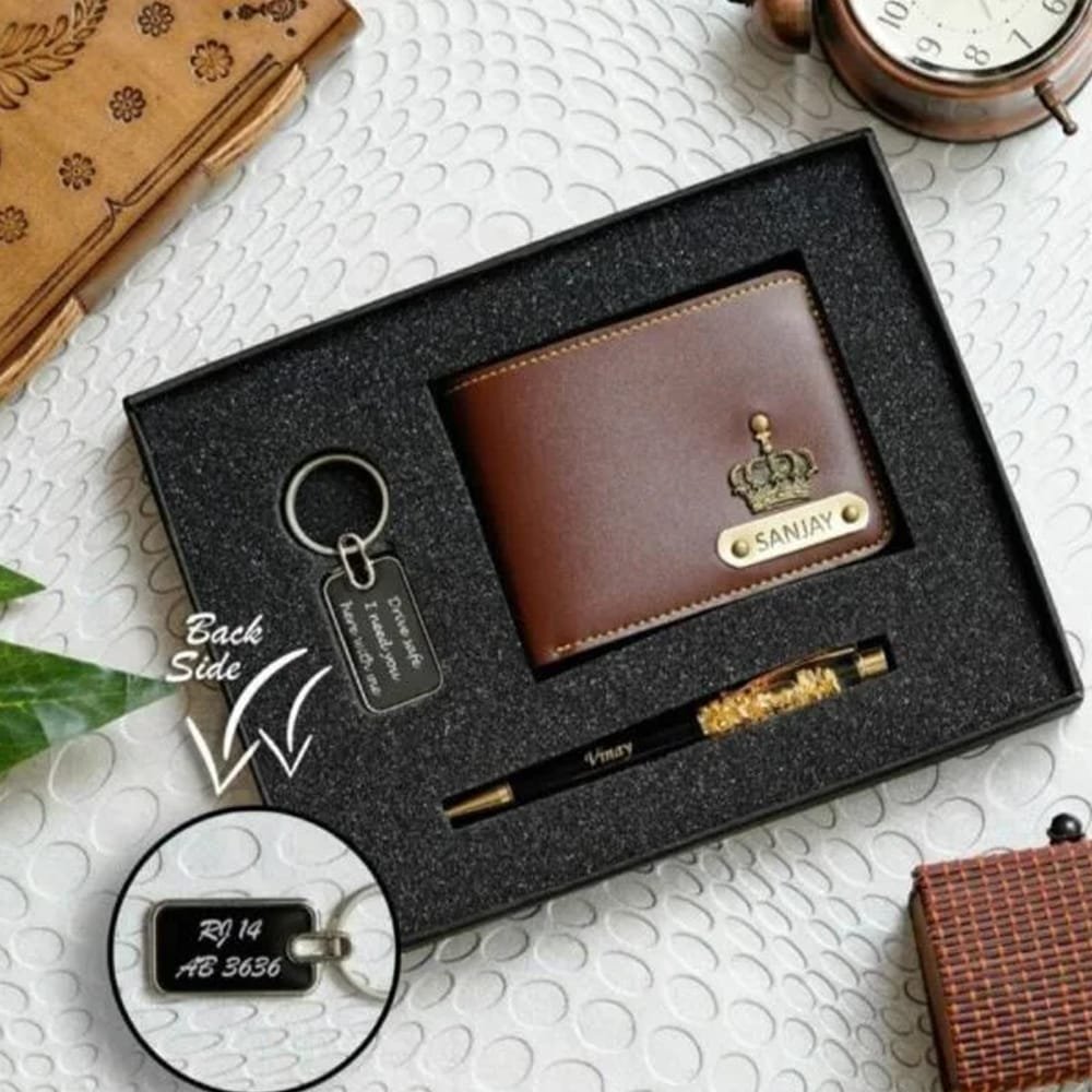 Premium Faux Leather Men’s Wallet + Metal Keychain + Gold Zari Pen Gift Set | Personalized Combo Gift for Men - Image 3