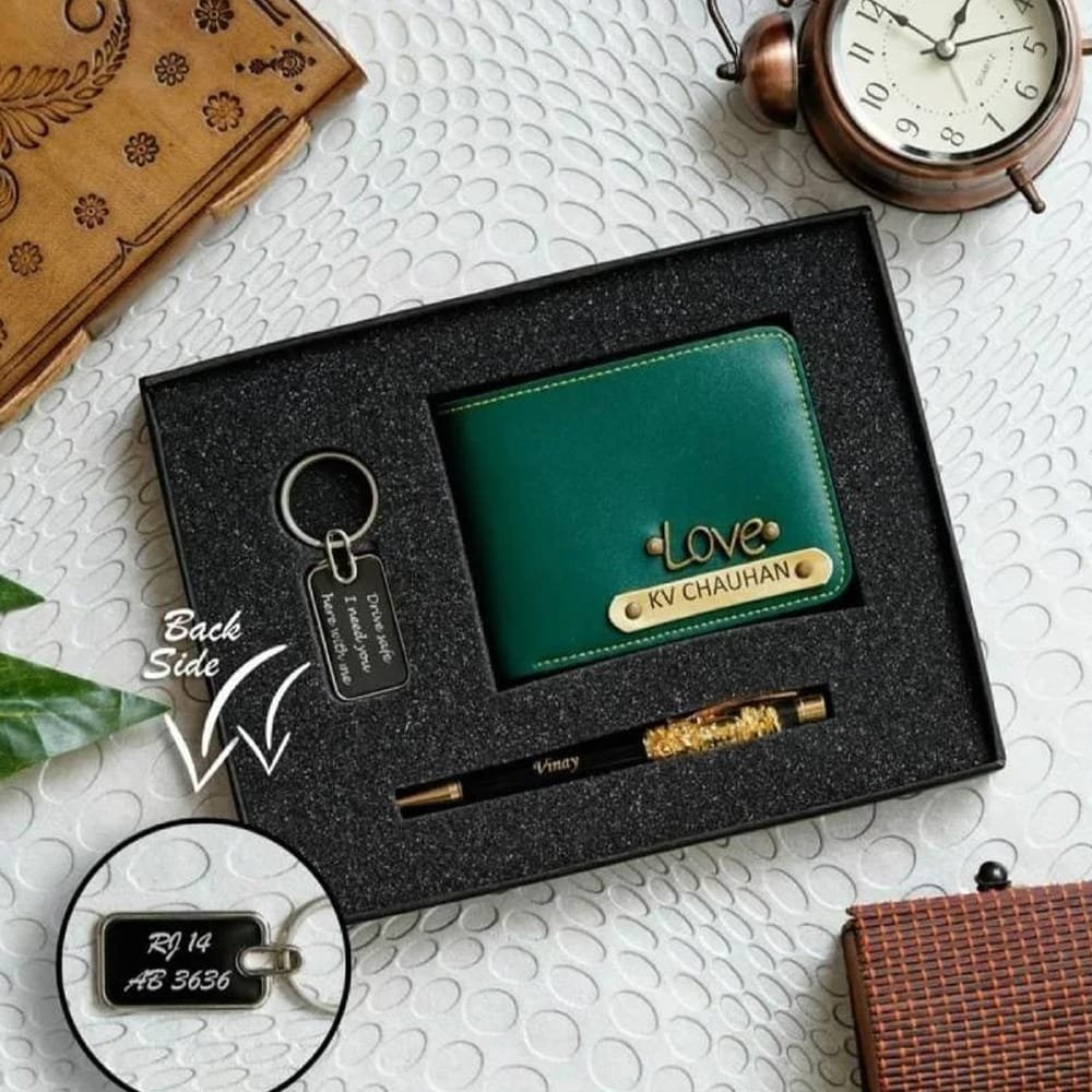 Faux Leather Men’s Wallet + Metal Keychain + Gold Zari Pen Set