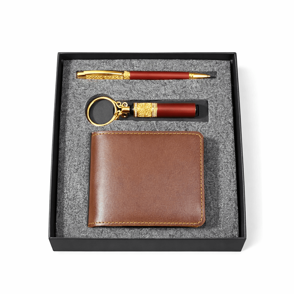 Premium Leather Wallet Gift Set with Metal Pen & Keychain | Luxury Corporate & Personal Gift